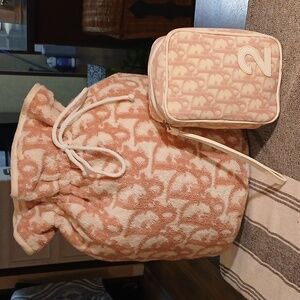 Authentic Christian Dior Set Of Drawstring Bucket Bag with Monogram Pattern Pink